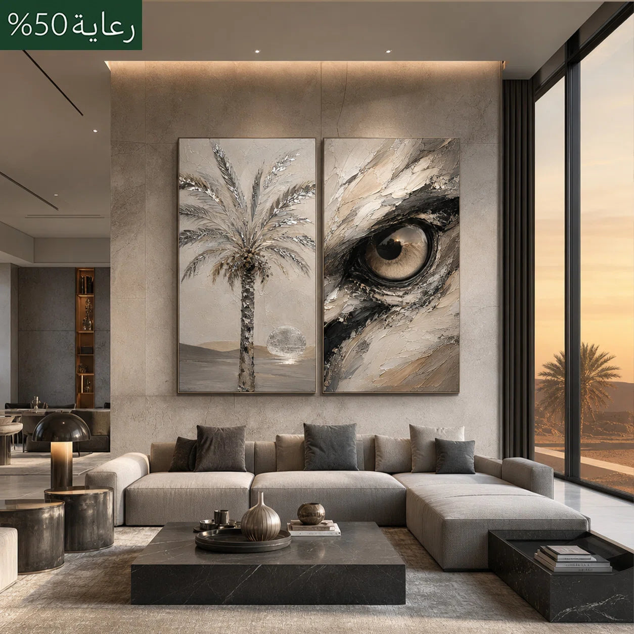 Artura Paint |The Sacred Oasis: Palms & The Saker Eye (Bespoke Gallery Diptych Set)