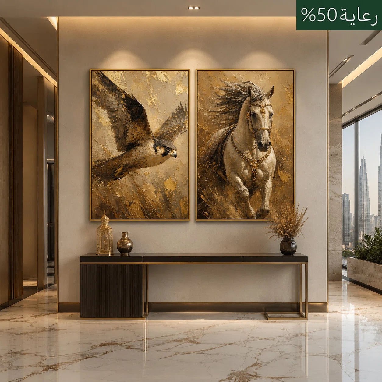 Artura Paint | الأفق الذهبي: الصقر والحصان العربي (مجموعة ثنائية اللوحات مخصصة للعرض الفني)