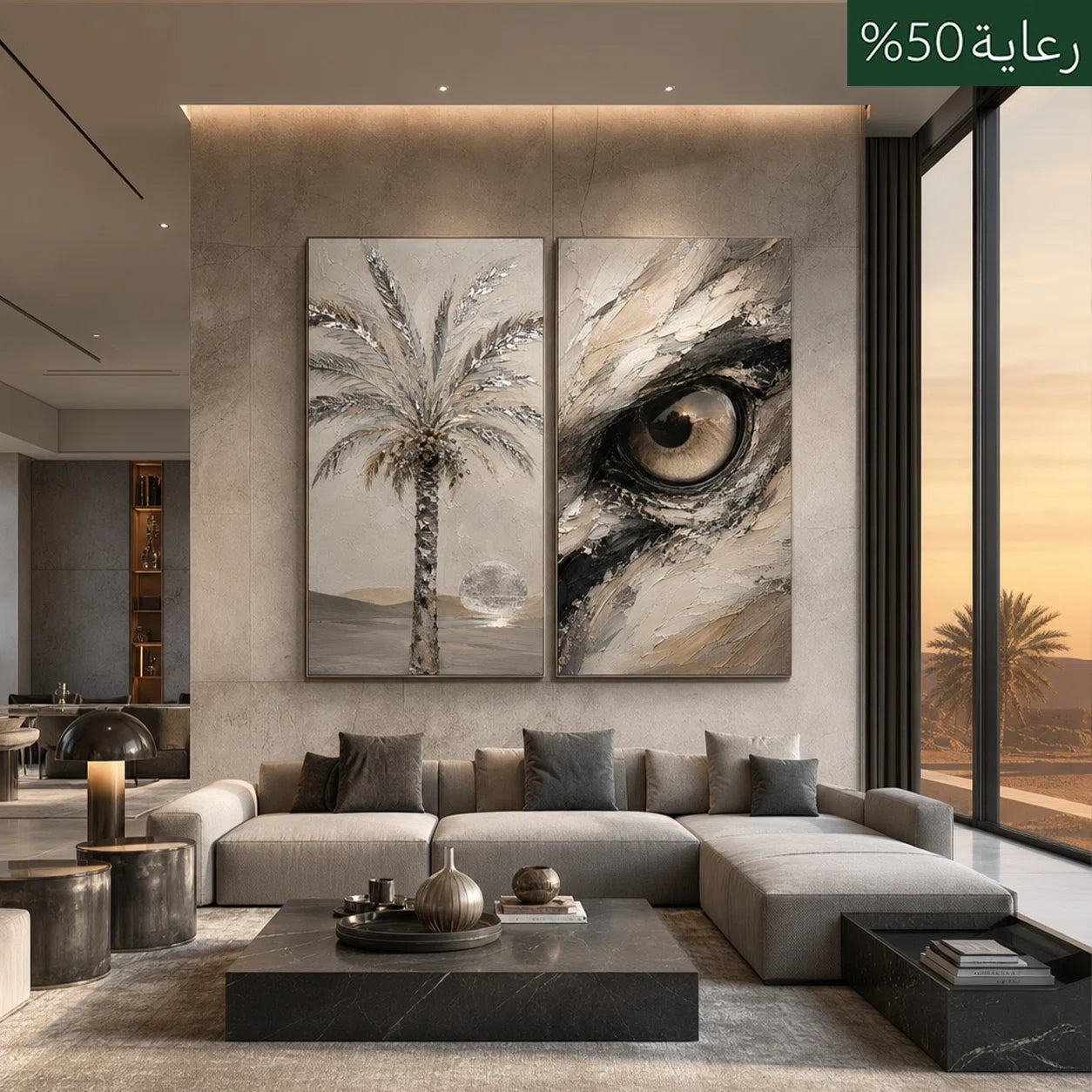 Artura Paint |The Sacred Oasis: Palms & The Saker Eye  (Bespoke Gallery Diptych Set)
