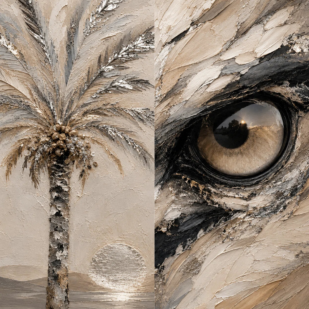 Artura Paint |The Sacred Oasis: Palms & The Saker Eye  (Bespoke Gallery Diptych Set)