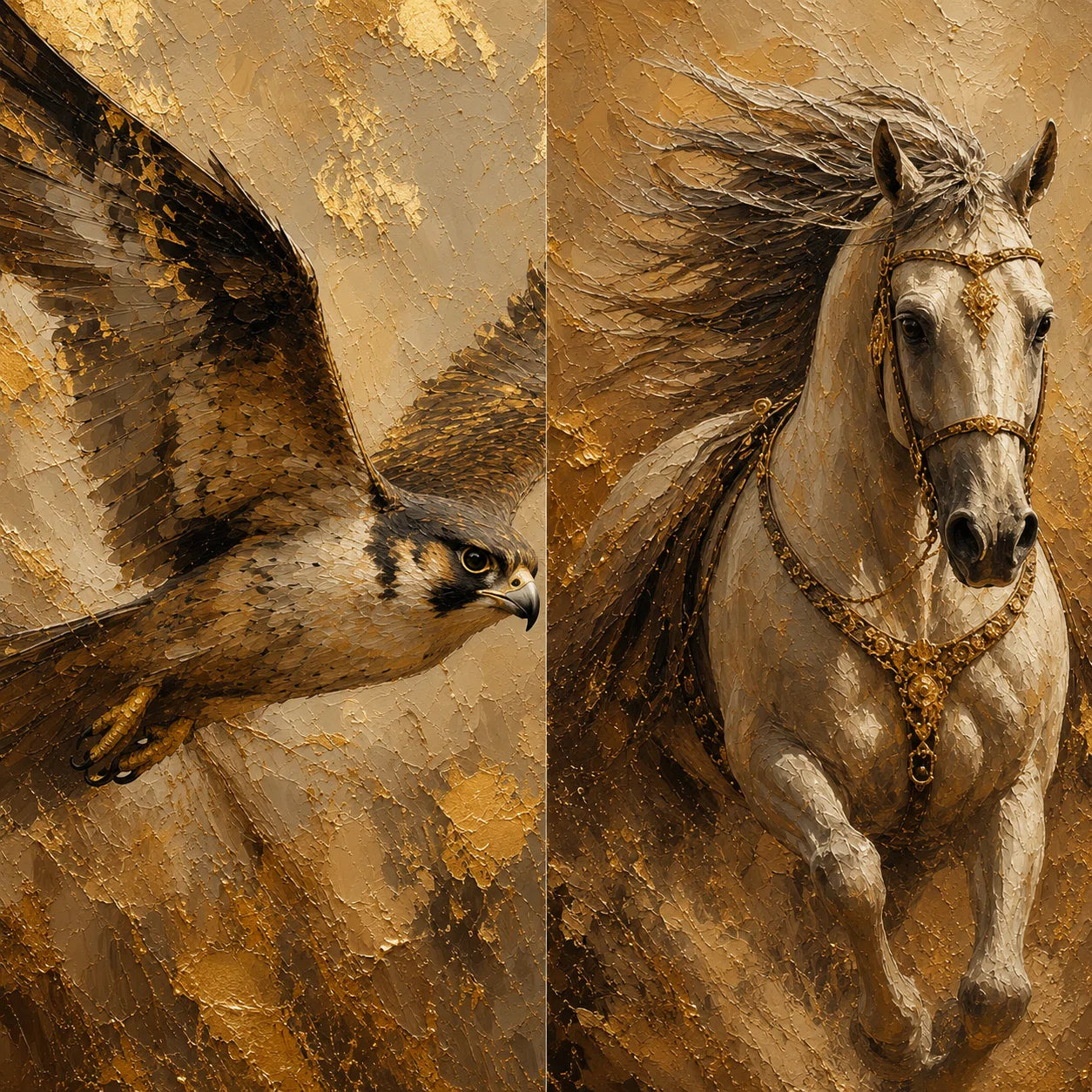 Artura Paint | The Golden Horizon: Falcon & Arabian Horse  (Bespoke Gallery Diptych Set)